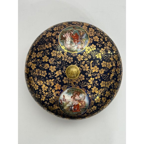 Vintage Lidded Cobalt Blue & Gold Porcelain Dish Classic Romantic Bonbon Trinket - Picture 7 of 11
